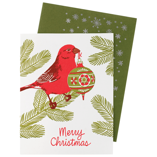 Red Bird with Ornament Christmas Card with Printed Envelope