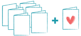 Set of 6 greeting cards with a plus sign and a red heart on one card.