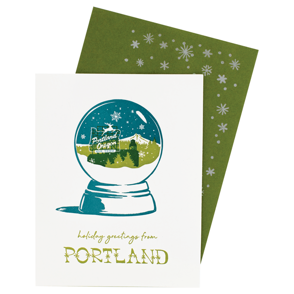 Portland, OR Snow Globe Holiday Card with Printed Envelope