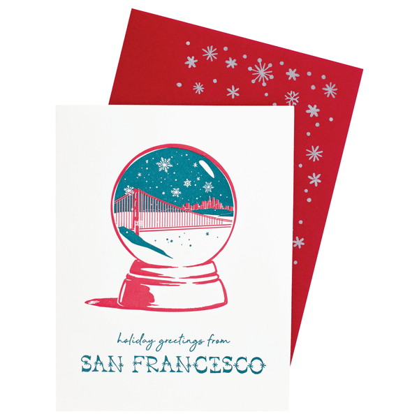 San Francisco, CA Snow Globe Holiday Card with Printed Envelope