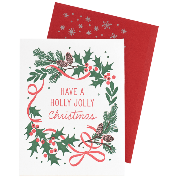 Holly Wreath Christmas Card with Printed Envelope